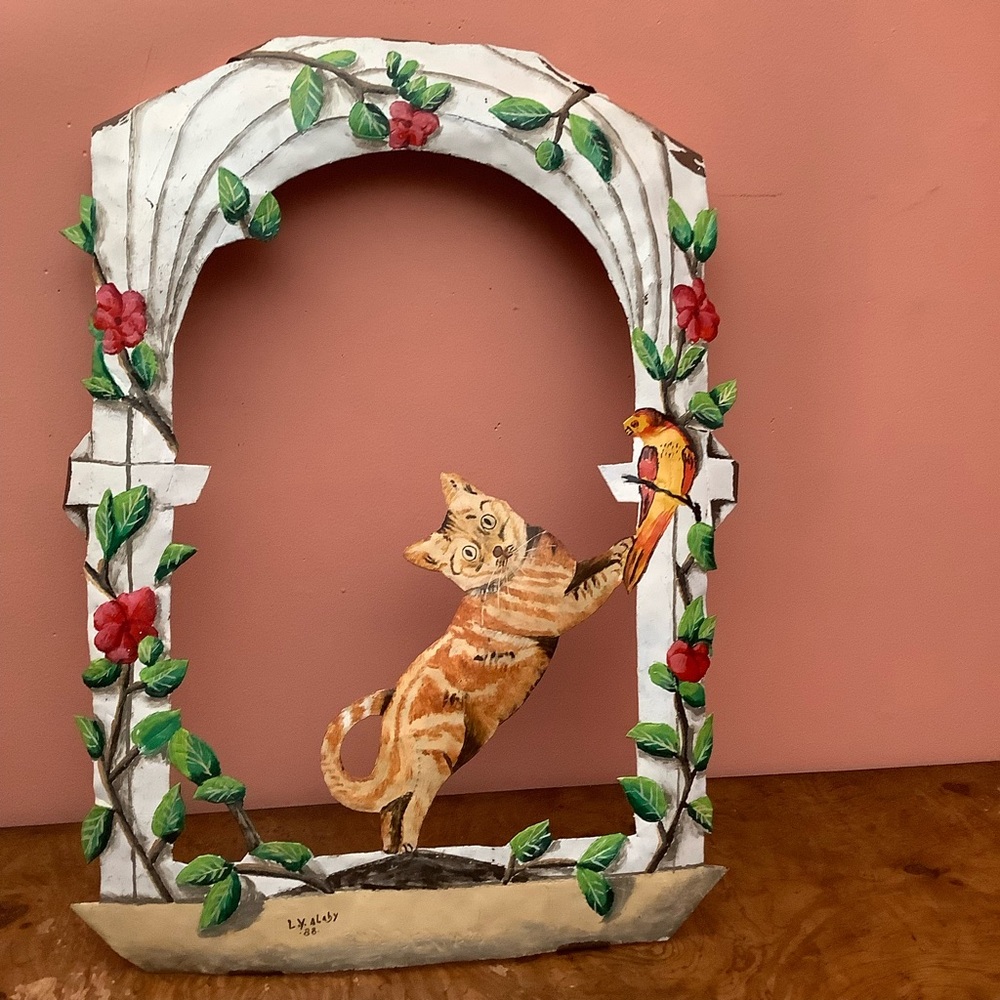 Folk Art Rustic Cutout Cat Metal Tin Wall Art Painted Frame 24.5” X 18”  Read